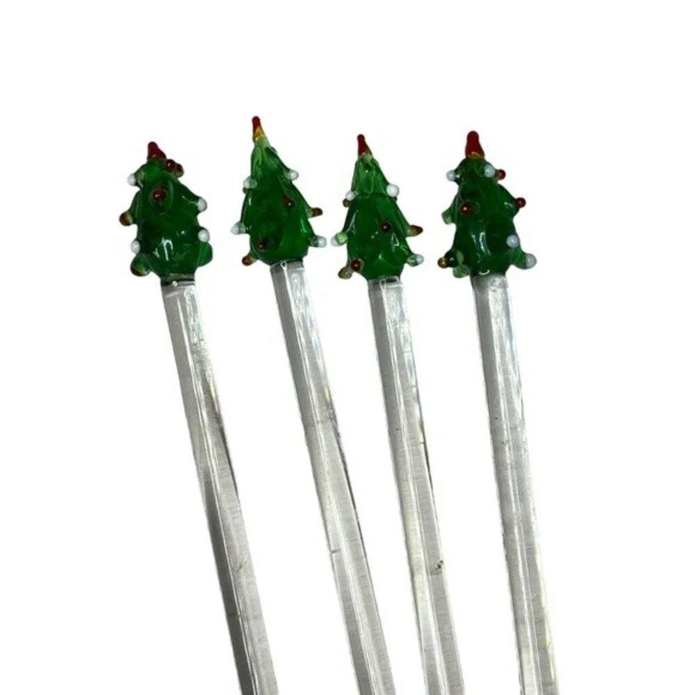Vintage Set up 4 Glass Christmas Tree Swizzle Sticks